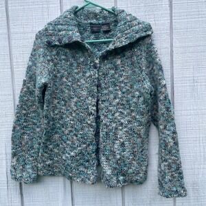 Tailor B. Moss Cardigan Sweater Chunky Knit Button Front Blue Brown Wool Blend L